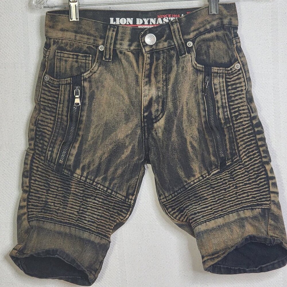 Lion Dynasty Rust Black Acid Washed Zipper Detail Premium Denim Short Sz 10 Slim